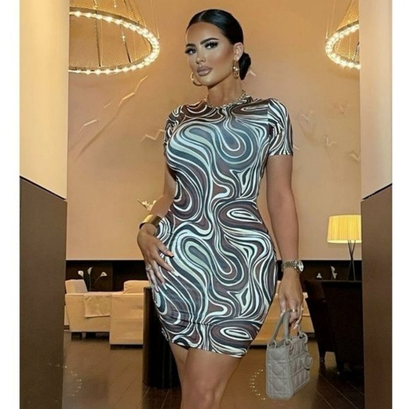 Dresses & Skirts - Brown Marble Print Short Sleeve Bodycon Mini Dress